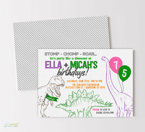 dinosaur birthday invitation for two children, a boy and a girl, with line drawn dino graphics, various fonts, two balloons and pink, purple, green and orange colors