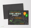 dinosaur birthday invitation for two boys with line drawn dino graphics, various fonts, two balloons and green and orange colors, black chalkboard background