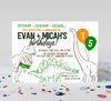 dinosaur birthday invitation for two boys with line drawn dino graphics, various fonts, two balloons and green and orange colors