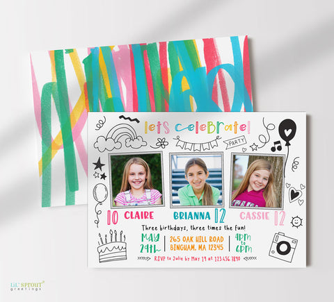 birthday party invitation for three girls with black and white doodle themed grapics, colorful text and party details on white background