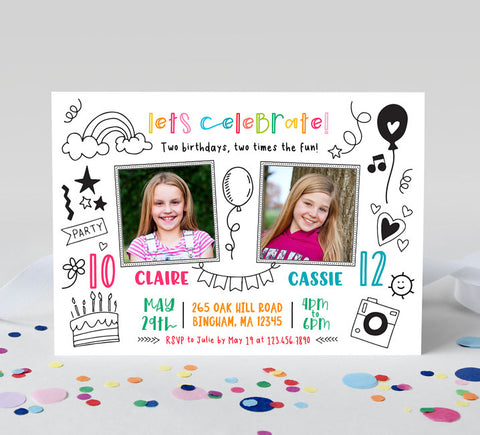 birthday party invitation for two girls with black and white doodle themed grapics, colorful text and party details on white background