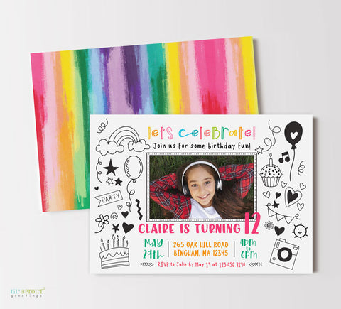 tween birthday invitation with a single photo surround by black and white doodle drawings and rainbow colored text, rainbow colored back side