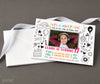 tween birthday invitation with a single photo surround by black and white doodle drawings and rainbow colored text, printed on cardstock