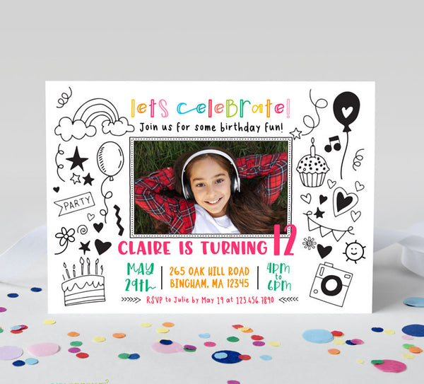 tween birthday invitation with a single photo surround by black and white doodle drawings and rainbow colored text