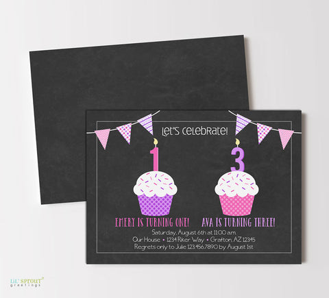 Double Cupcake Joint Birthday Party Invitations