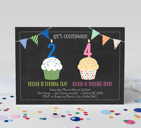 joint birthday party invitation with chalkboard background, two cupcakes for boy and girl and colorful bunting flags