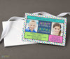 two child birthday invitation with blue and pink polka dot background and color blocks, two photos