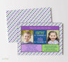 two child birthday invitation with blue and purple polka dot background and color blocks, two photos