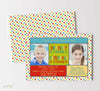 two child birthday invitation with blue red, and yellow polka dot background and color blocks, two photos