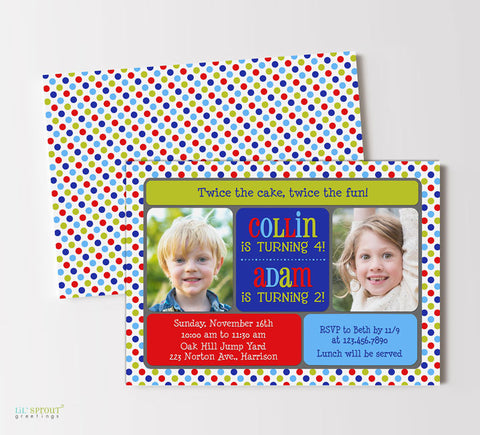 two child birthday invitation with navy blue, red and green polka dot background and color blocks, two photos