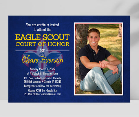 court of honor invitation for eagle scout ceremony with blue background, scout logo, yellow accents and a single photo on right