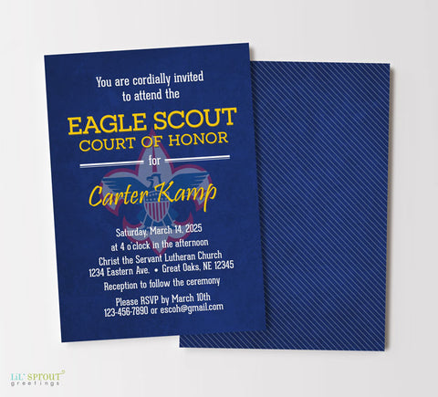 court of honor invitation for eagle scout ceremony with blue background, scout logo, yellow accents, double sided