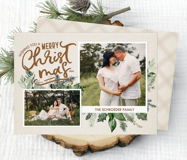 neutral colored holiday or christmas card with a beige background, watercolor painted greenery, and two photos