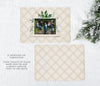 neutral colored holiday or christmas card with a beige background, watercolor painted greenery, and single photo back side or plain patterned back