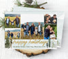 multi-photo christmas card with five photos against a watercolor sky blue background with pine trees and gold text