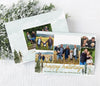 multi-photo christmas card with five photos against a watercolor sky blue background with pine trees and gold text, double sided card design