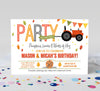 fall farm themed joint birthday invitation with red tractor, falling leaves and red, orange and green bunting