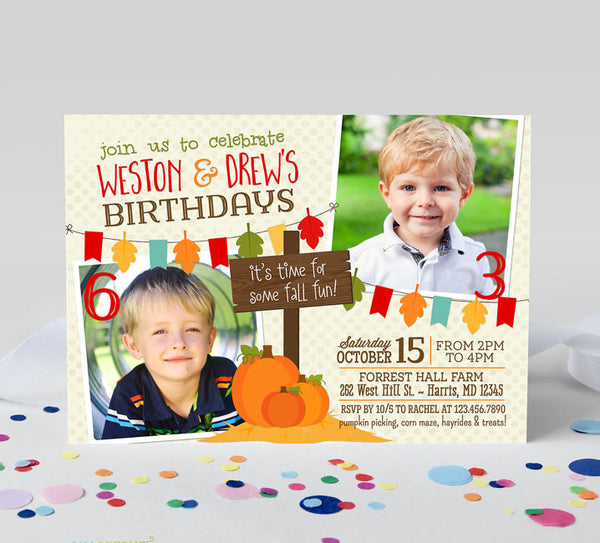 fall harvest themed double birthday invitation for two kids with two photos, pumpkins, a wooden sign, and colorful leaf bunting in red, orange, blue, green