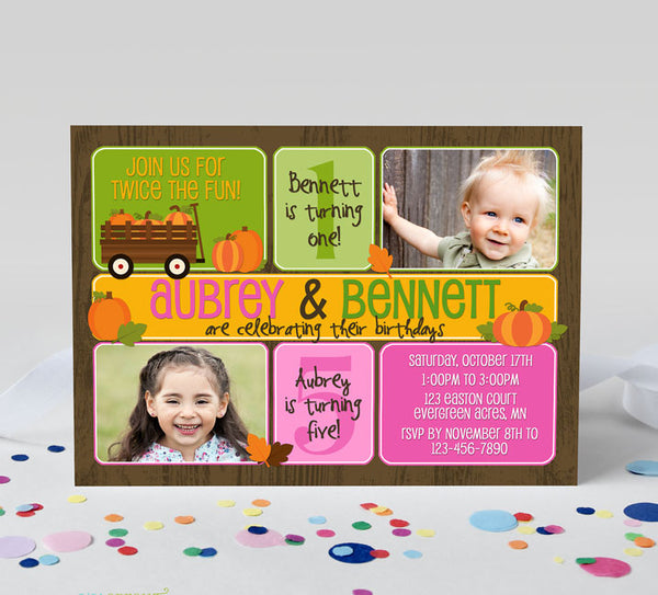 fall birthday invitation for two kids with wagon. pumpkin and leaf graphics, green, pink and orange colors with faux wood grain background and two photos