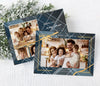 landscape oriented holiday card with a single photo, thin border, ribbon detail and blue and gray plaid background