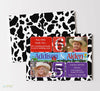 farm themed joint birthday party invitation for boy and girl with black and white cow print border, two photos, farm themed graphics and red and purple text