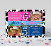 farm themed joint birthday party invitation for boy and girl with black and white cow print border, two photos, farm themed graphics and pink and blue text