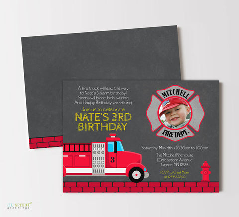 fire truck themed birthday invitation with red fire truck, hydrant, brick, fireman badge, and yellow and white text, single photo, double sided