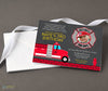 fire truck themed birthday invitation with red fire truck, hydrant, brick, fireman badge, and yellow and white text, single photo, printed on cardstock