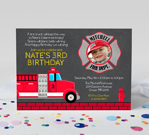 fire truck themed birthday invitation with red fire truck, hydrant, brick, fireman badge, and yellow and white text, single photo