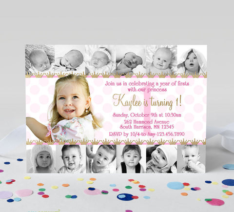 First Year Photo Collage Girl Birthday Invitations