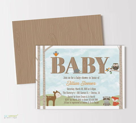 forest themed baby shower invitation with trees, woodland animals, fun woodgrain text, double sided