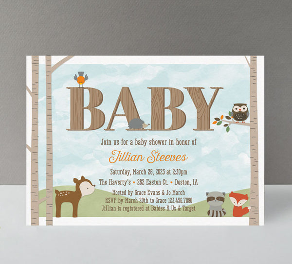 forest themed baby shower invitation with trees, woodland animals, fun woodgrain text