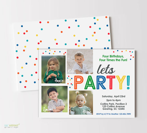 four child birthday party invitation with photos, white background, neon confetti dots and rainbow colored text, polka dot background