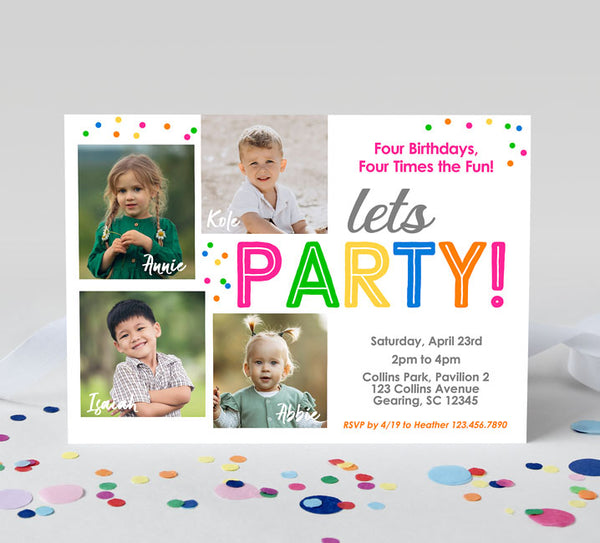 four child birthday party invitation with photos, white background, neon confetti dots and neon colored text