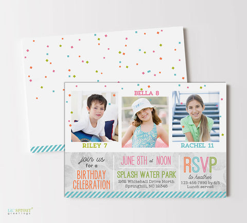 birthday party invitation for 3children with photos, pastel colored wording and confetti