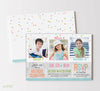 birthday party invitation for 3children with photos, pastel colored wording and confetti