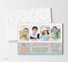 birthday party invitation for 4 children with photos, pastel colored wording and confetti