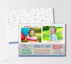 birthday party invitation for 2 children with photos, primary colored wording and confetti