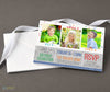 birthday party invitation for 3 children with photos, primary colored wording and confetti, printed on cardstock