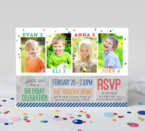 birthday party invitation for 4 children with photos, primary colored wording and confetti