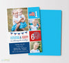 fourth of july themed birthday invitation for two kids with 3 photos, red and blue colors, fireworks, flag and bunting graphics, double sided