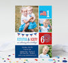 fourth of july themed birthday invitation for two kids with 3 photos, red and blue colors, fireworks, flag and bunting graphics