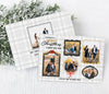 printable christmas card with white plaid background, five photos in various decorative frames and gold and black text and accents, printable digital file