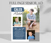 full page senior yearbook ad with photos, blue accents and white text