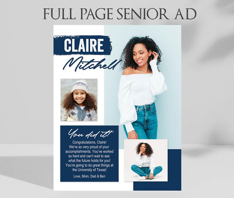 full page senior yearbook ad with photos, navy blue accents and white text