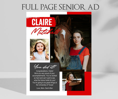 full page senior yearbook ad with photos, red accents and white text