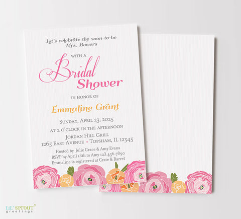 bridal shower invitation with pink and orange flowers along bottom, pink and gray text and pink striped background, double sided