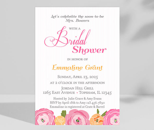 bridal shower invitation with pink and orange flowers along bottom, pink and gray text and pink striped background