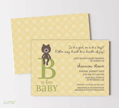 gender neutral baby shower invitation with yellow polka dot background, green B is or baby text, brown teddy bear graphic, double sided