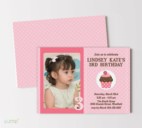 horizontal girl birthday invitation in pink  with single photo and tiny cupcake detail, double sided